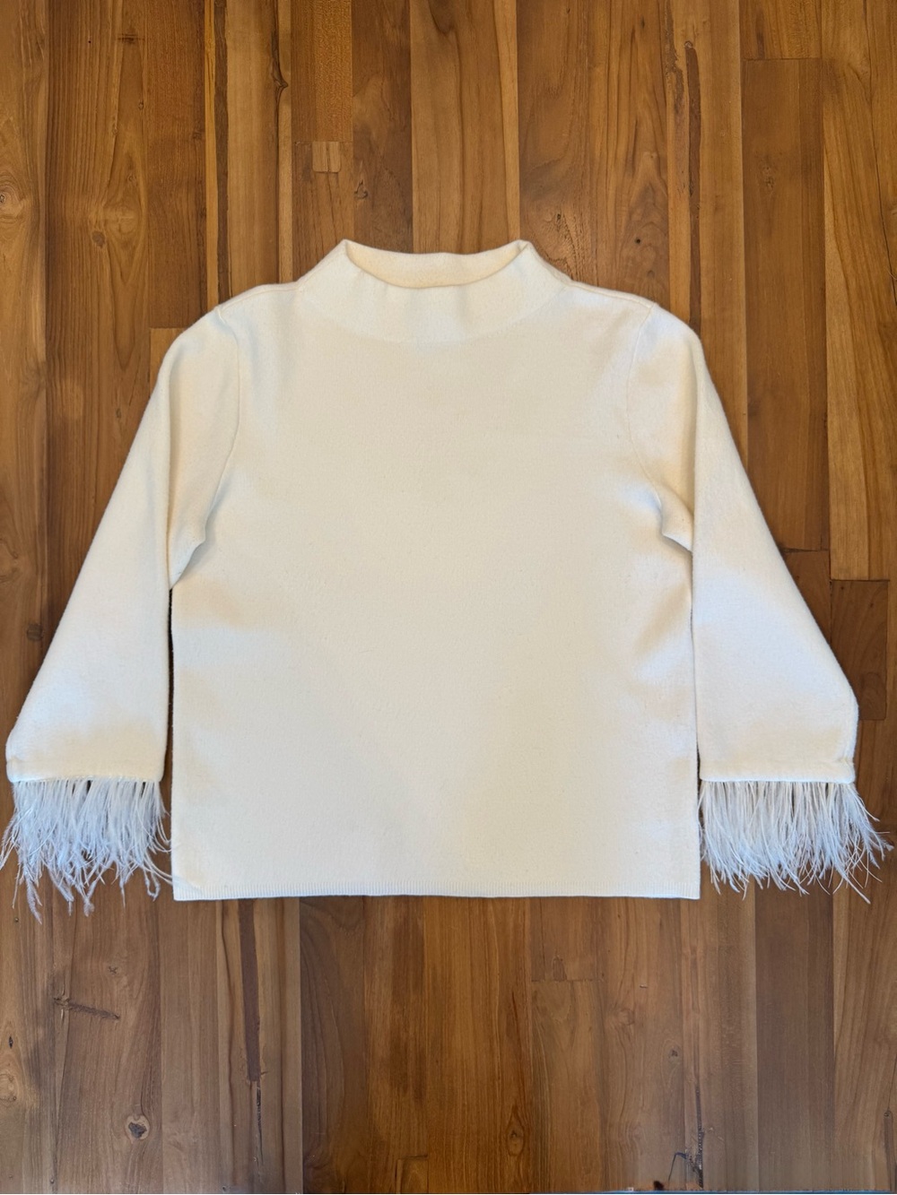 Ann Taylor White Feather-Trim Mock Neck Sweater